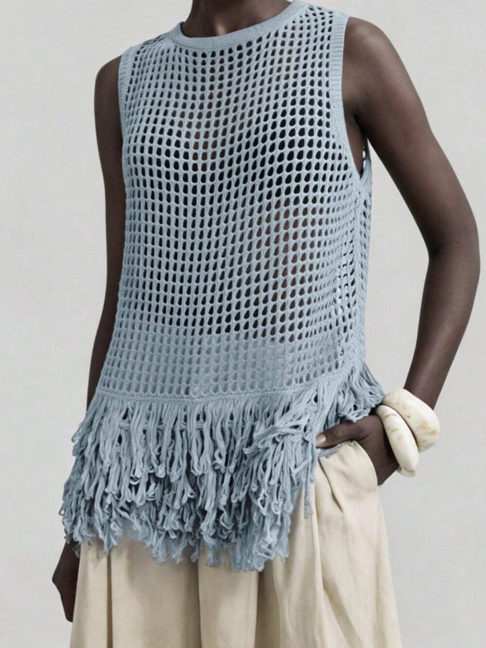 Blue Boho Casual Women's Sweater Dress Sleeveless Tassel Hem Knit Tank Top - Picture 4 of 6